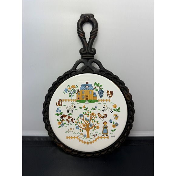 Vintage‎ Trivet Cast Iron Tile Farmhouse Kitchen Decor Wall Hanging - Picture 1 of 7